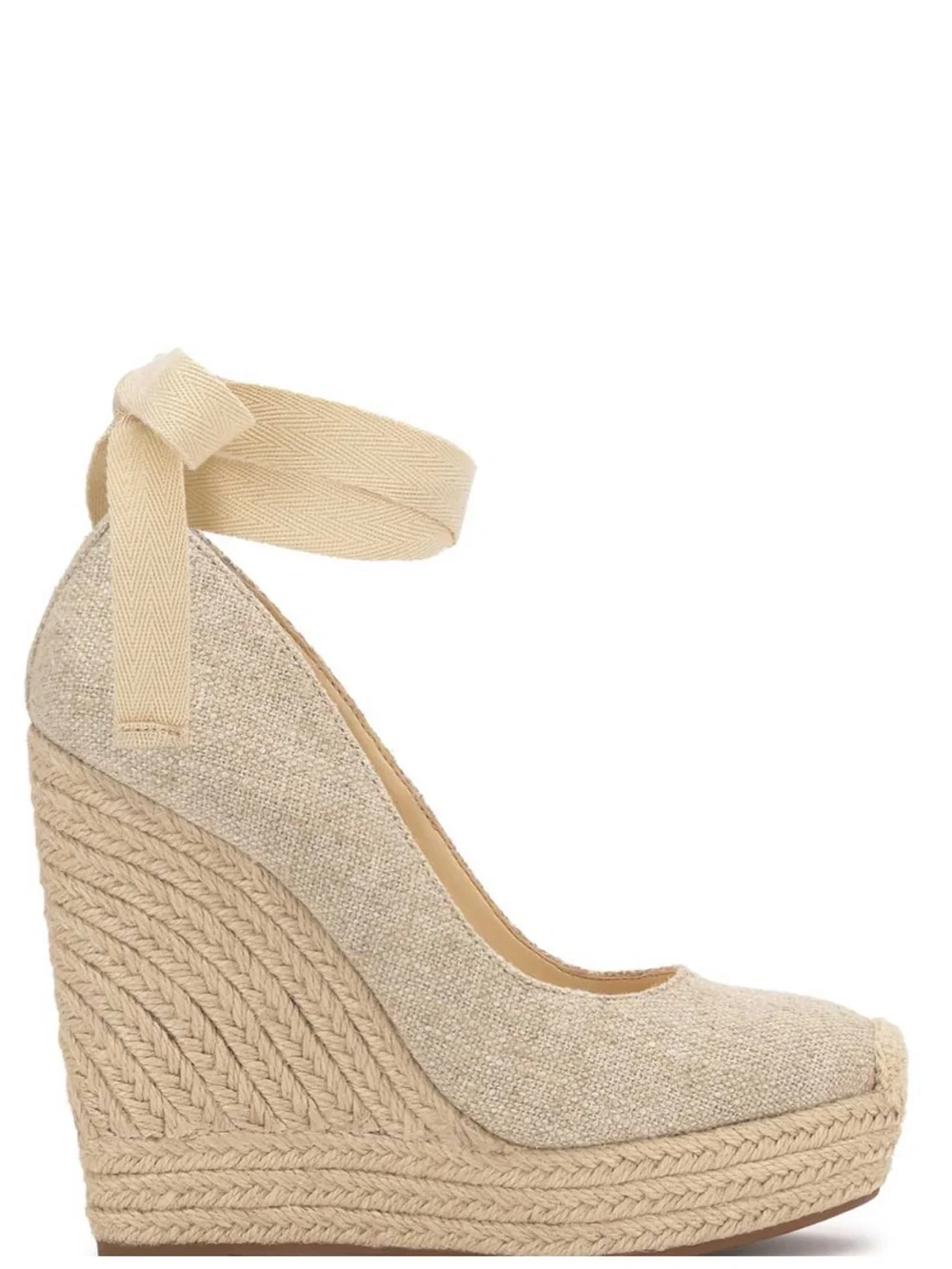 Tan linen beige lace tie up closed toe wedges